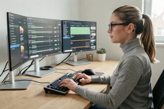 Femme travaillant sur plusieurs écrans pour convertir des vidéos MP4 en masse depuis un bureau moderne