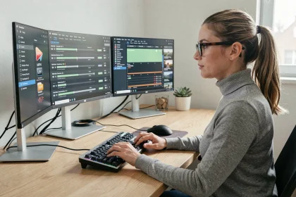 Femme travaillant sur plusieurs écrans pour convertir des vidéos MP4 en masse depuis un bureau moderne