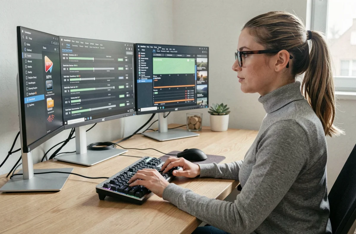 Femme travaillant sur plusieurs écrans pour convertir des vidéos MP4 en masse depuis un bureau moderne