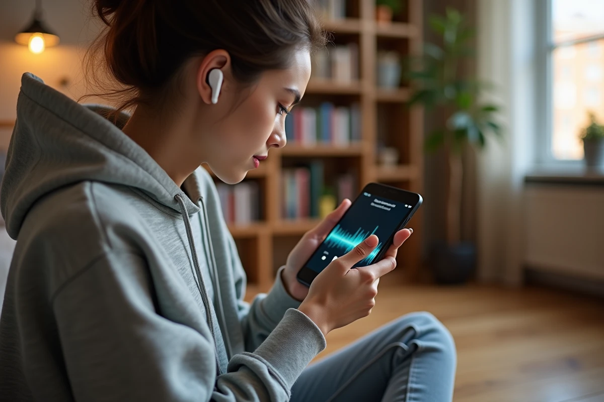 Jeune femme convertissant de la musique YouTube en MP3 sur son smartphone Android dans un salon cosy