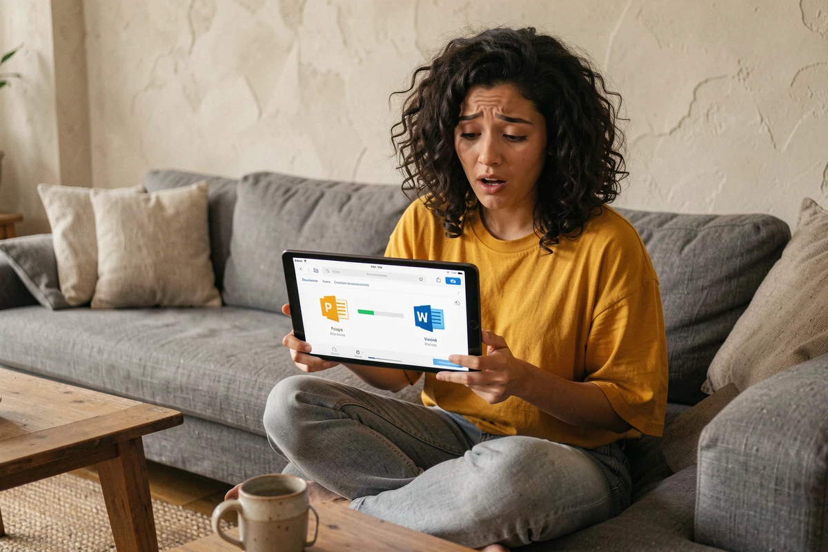 Jeune femme utilisant une tablette pour convertir un document Pages en Word depuis son canapé à la maison