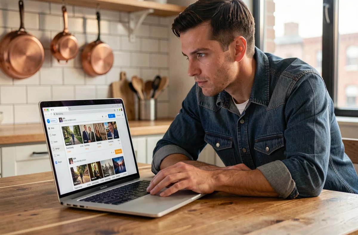Homme utilisant un convertisseur vidéo en ligne pour traiter plusieurs fichiers MP4 simultanément depuis une cuisine