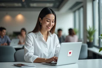 Femme professionnelle créant une adresse email Yahoo sur son ordinateur portable dans un bureau moderne