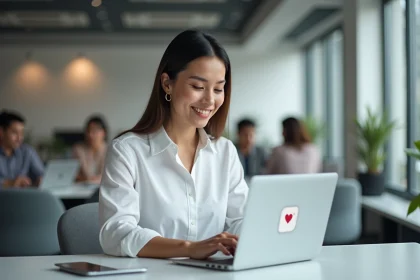Femme professionnelle créant une adresse email Yahoo sur son ordinateur portable dans un bureau moderne