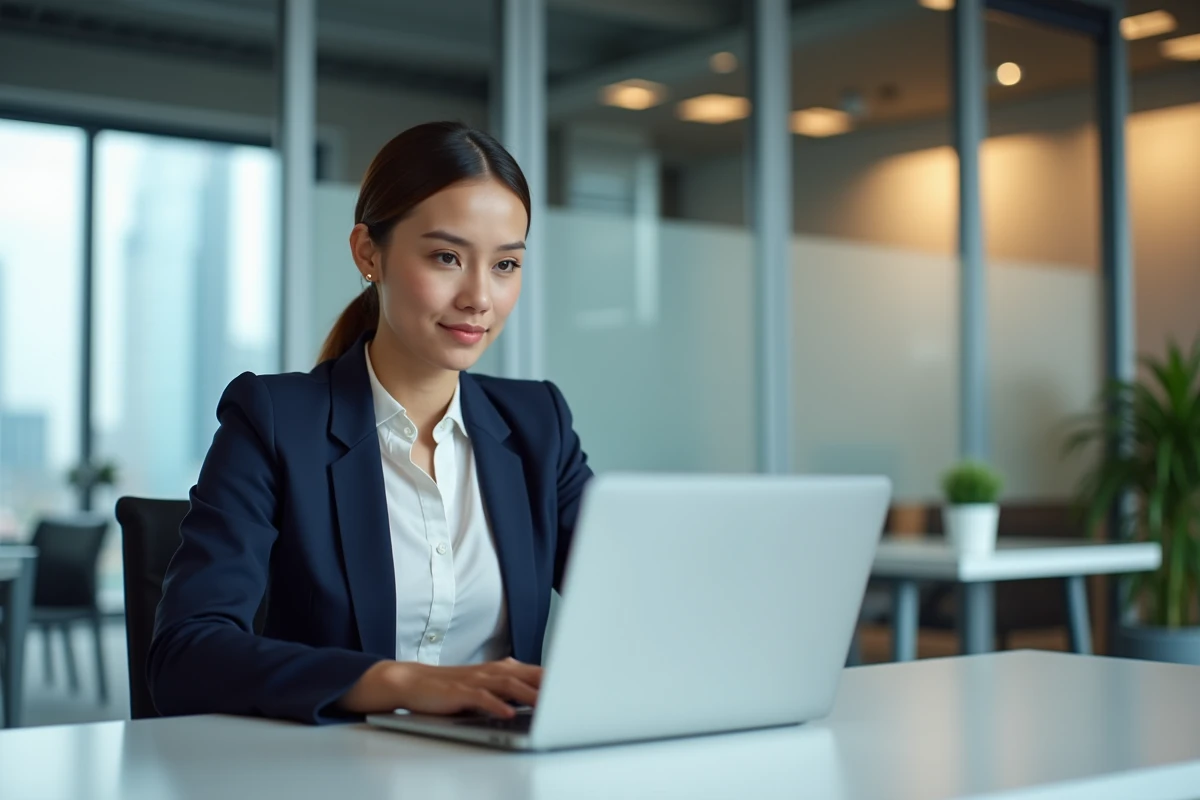 Femme professionnelle configurant une adresse mail pro sur un laptop dans un bureau moderne avec interface webmail IONOS visible