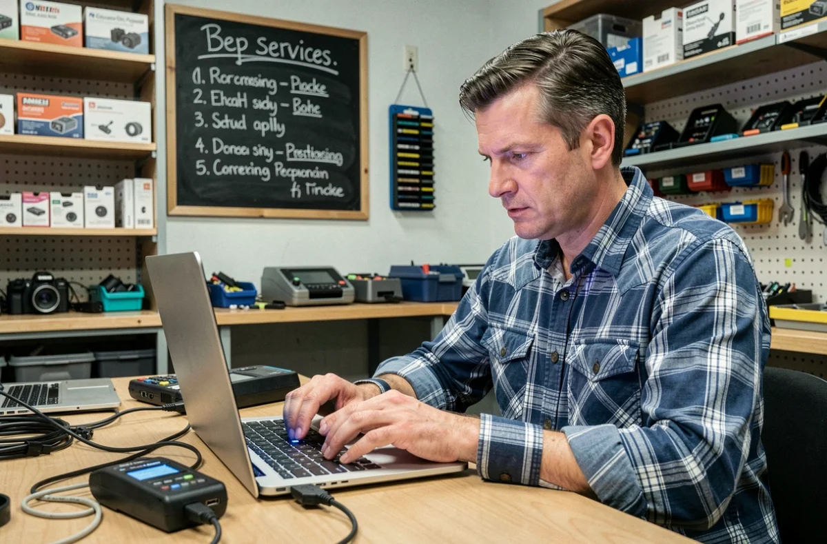 Technicien Crissey PC diagnostiquant un ordinateur portable dans son atelier local