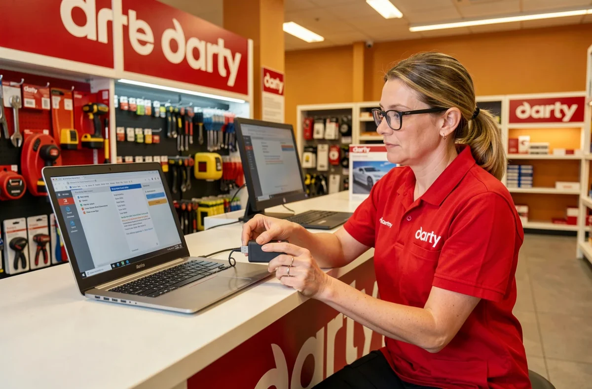 Technicienne Darty Les Clayes-sous-Bois connectant un outil de diagnostic USB à un ordinateur portable au comptoir