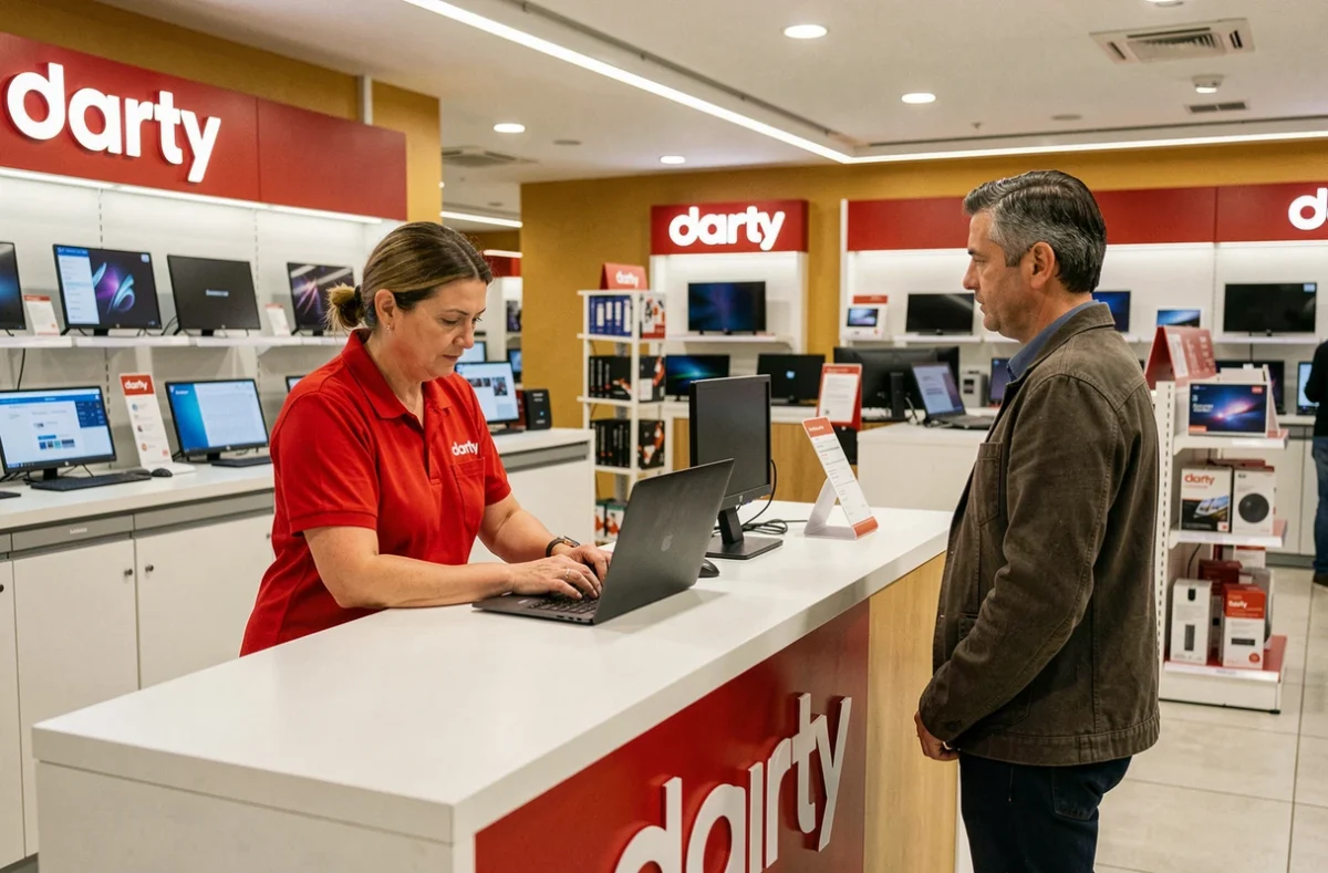 Technicienne Darty en uniforme rouge inspectant un ordinateur portable au comptoir service du magasin Versailles Parly 2