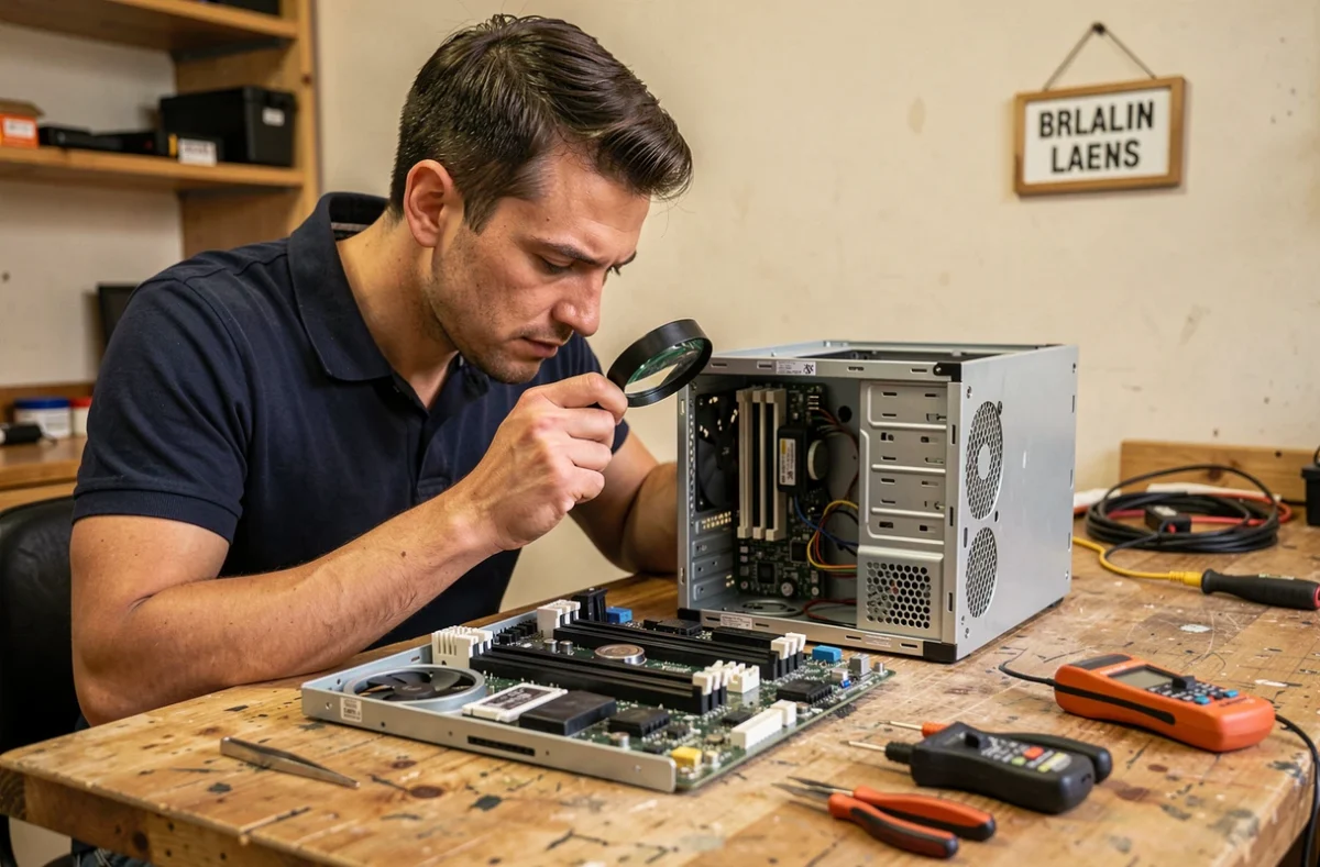 Technicien de Dépan'PC examinant une carte mère d'ordinateur sur son établi de réparation