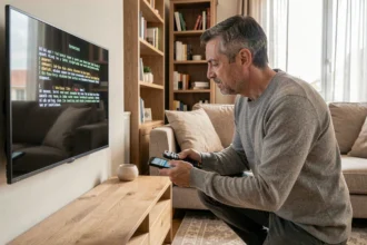 Homme vérifiant un code erreur L11-06 sur son téléviseur Orange dans un salon moderne