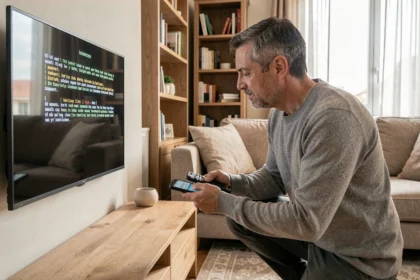 Homme vérifiant un code erreur L11-06 sur son téléviseur Orange dans un salon moderne