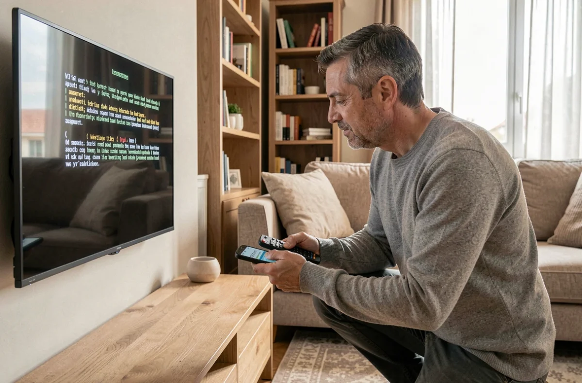 Homme vérifiant un code erreur L11-06 sur son téléviseur Orange dans un salon moderne