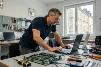Technicien informatique dans un atelier de dépannage en Charente-Maritime avec ordinateurs et outils de diagnostic