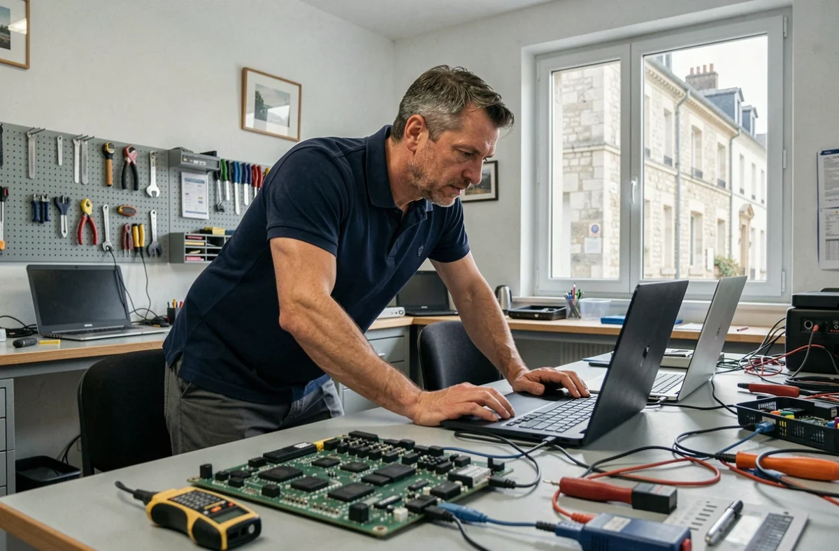 Technicien informatique dans un atelier de dépannage en Charente-Maritime avec ordinateurs et outils de diagnostic
