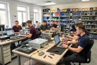Vue d'ensemble d'un atelier de dépannage informatique en Saône-et-Loire avec plusieurs techniciens au travail