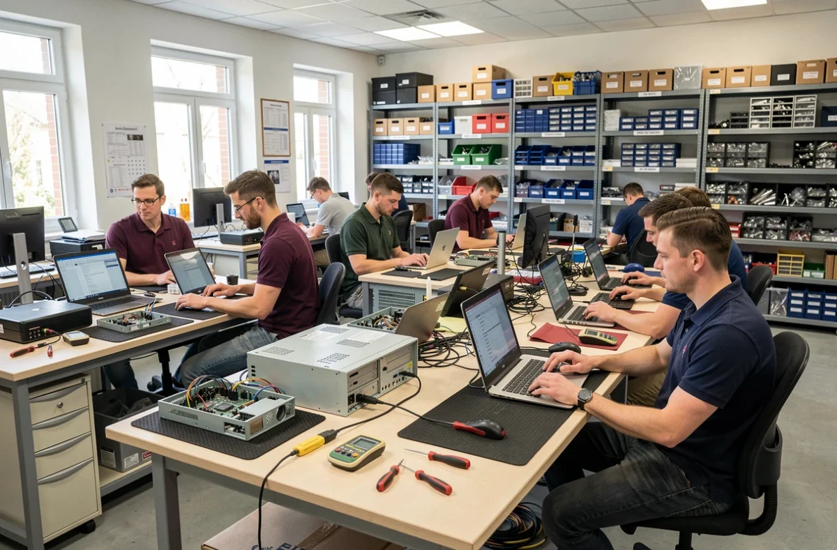 Vue d'ensemble d'un atelier de dépannage informatique en Saône-et-Loire avec plusieurs techniciens au travail