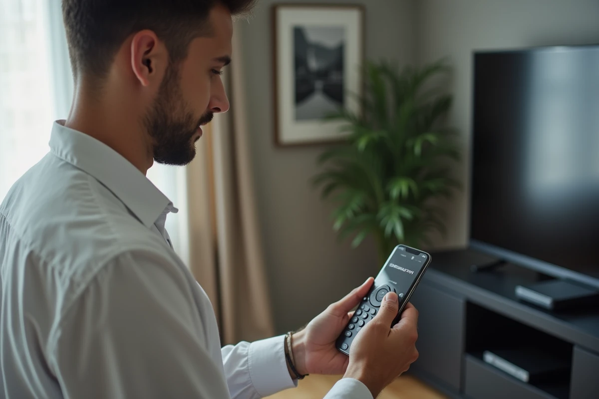 Jeune homme comparant une nouvelle télécommande Free avec les instructions sur son smartphone