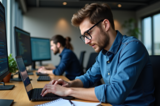 Jeune homme en bureau travaillant sur une API avec son ordinateur