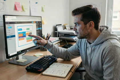 Développeur web analysant le positionnement absolu CSS sur un écran d'ordinateur avec des diagrammes de flux de page