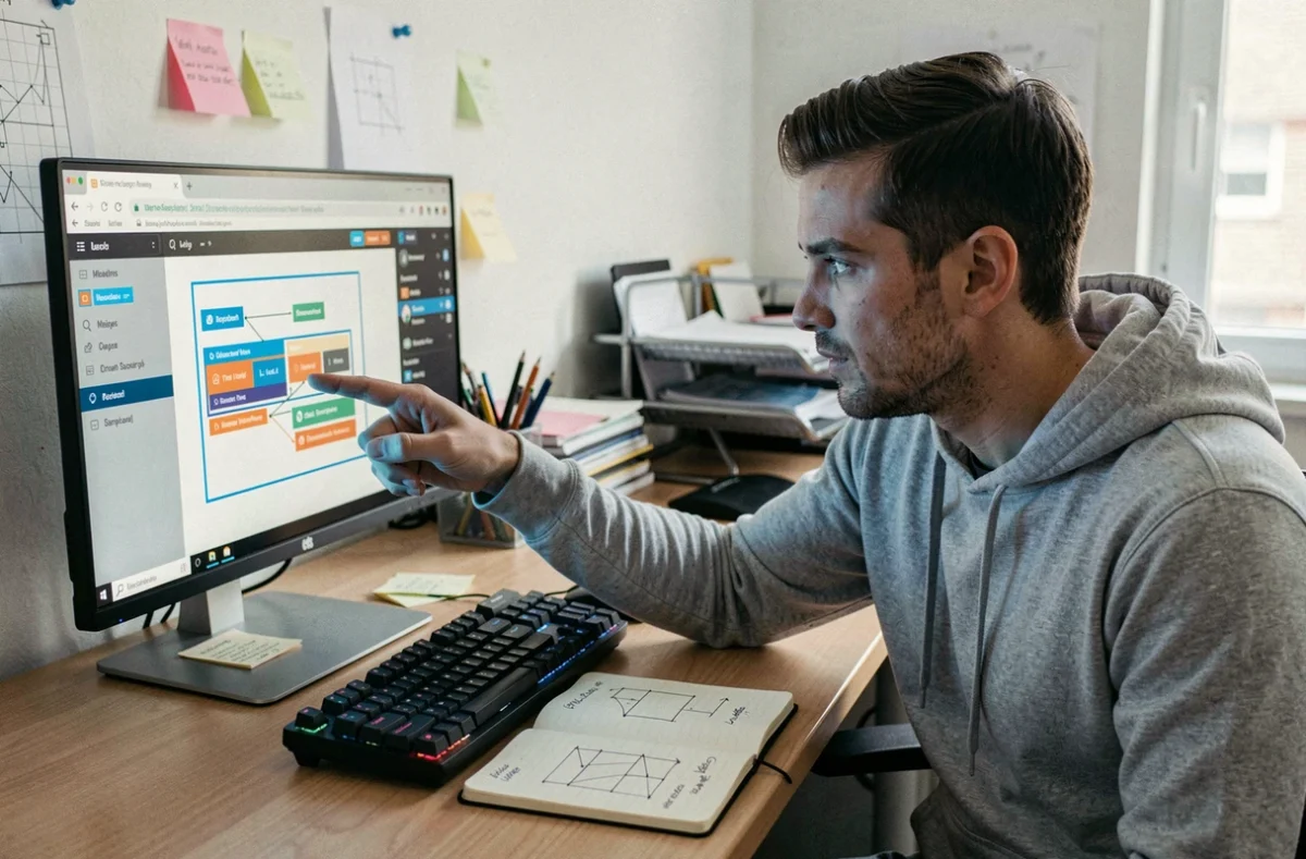 Développeur web analysant le positionnement absolu CSS sur un écran d'ordinateur avec des diagrammes de flux de page