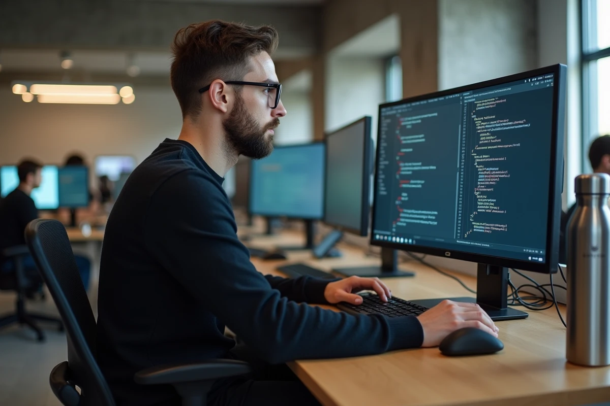 Développeur web freelance utilisant un service de transfert sécurisé pour envoyer des livrables à ses clients dans un espace de coworking moderne