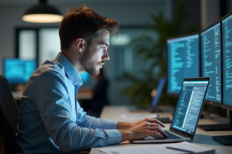 Jeune homme concentré sur son ordinateur en sécurité