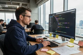 Développeur analysant une requête SQL DELETE CASCADE sur un moniteur ultrawide dans un bureau tech moderne