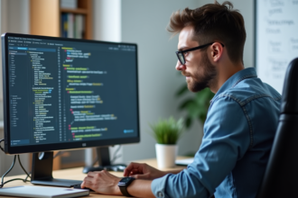 Jeune homme développeur web étudiant du code sur un grand écran