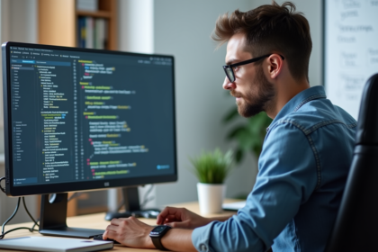 Jeune homme développeur web étudiant du code sur un grand écran