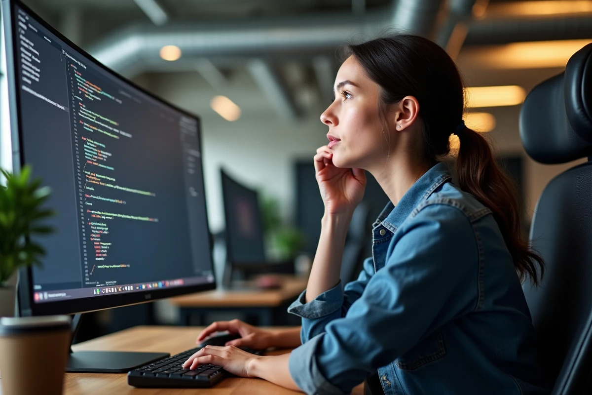 Développeuse utilisant un écran IPS 27 pouces dans un espace de coworking moderne pour la programmation