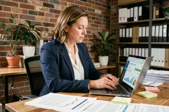 Dirigeante de PME analysant les résultats de référencement naturel de son entreprise sur un ordinateur portable dans son bureau