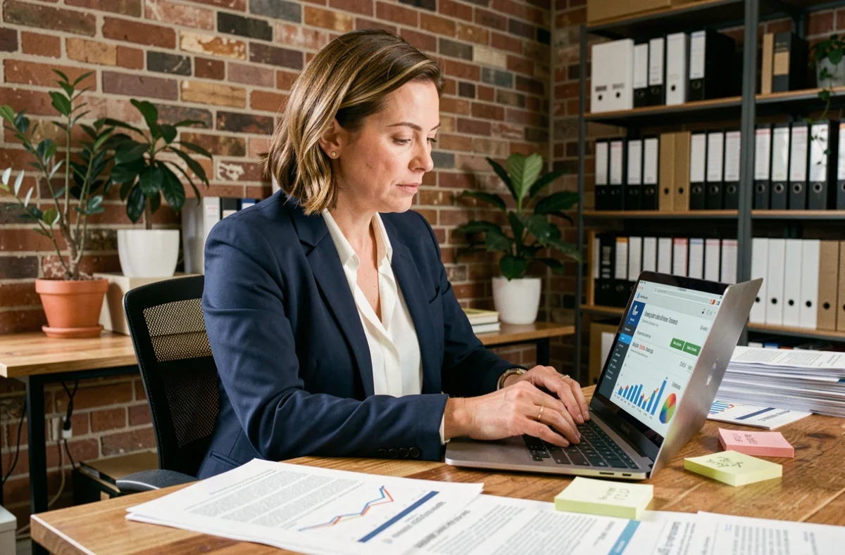 Dirigeante de PME analysant les résultats de référencement naturel de son entreprise sur un ordinateur portable dans son bureau