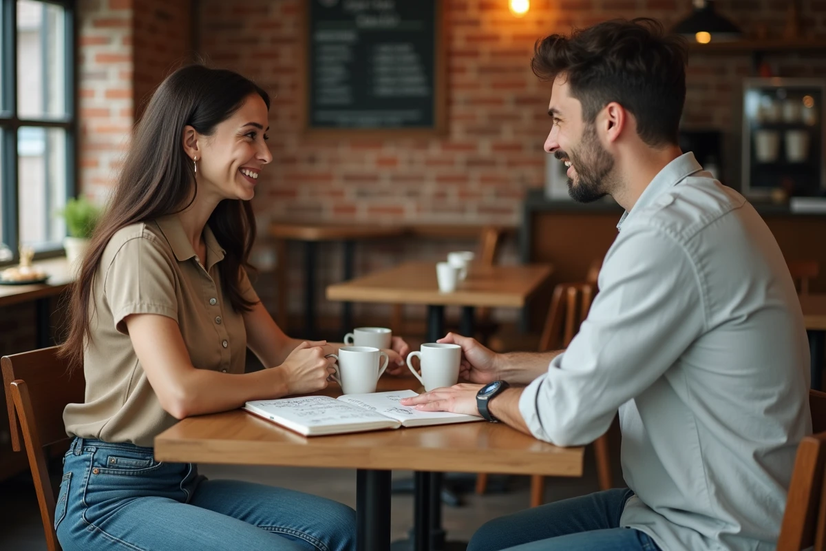 Deux personnes discutant d'un concept simplifié autour d'un carnet de notes dans un café chaleureux