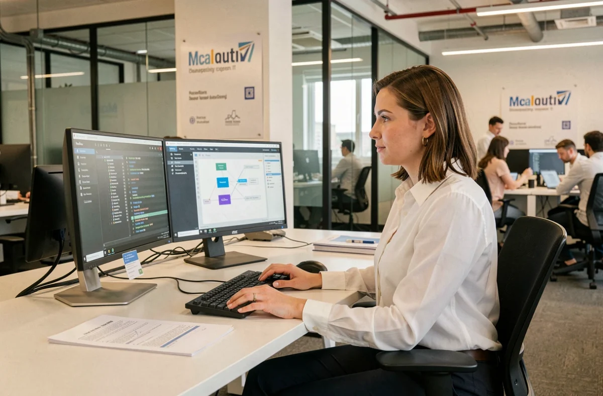 Consultante informatique d'E Media Informatique devant ses écrans de travail dans un bureau moderne