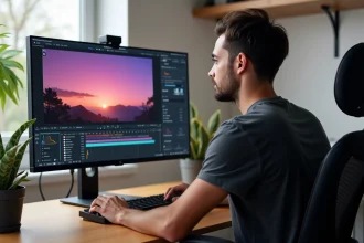 Designer travaillant sur un écran 27 pouces OLED avec rendu des couleurs vives dans un bureau home office moderne