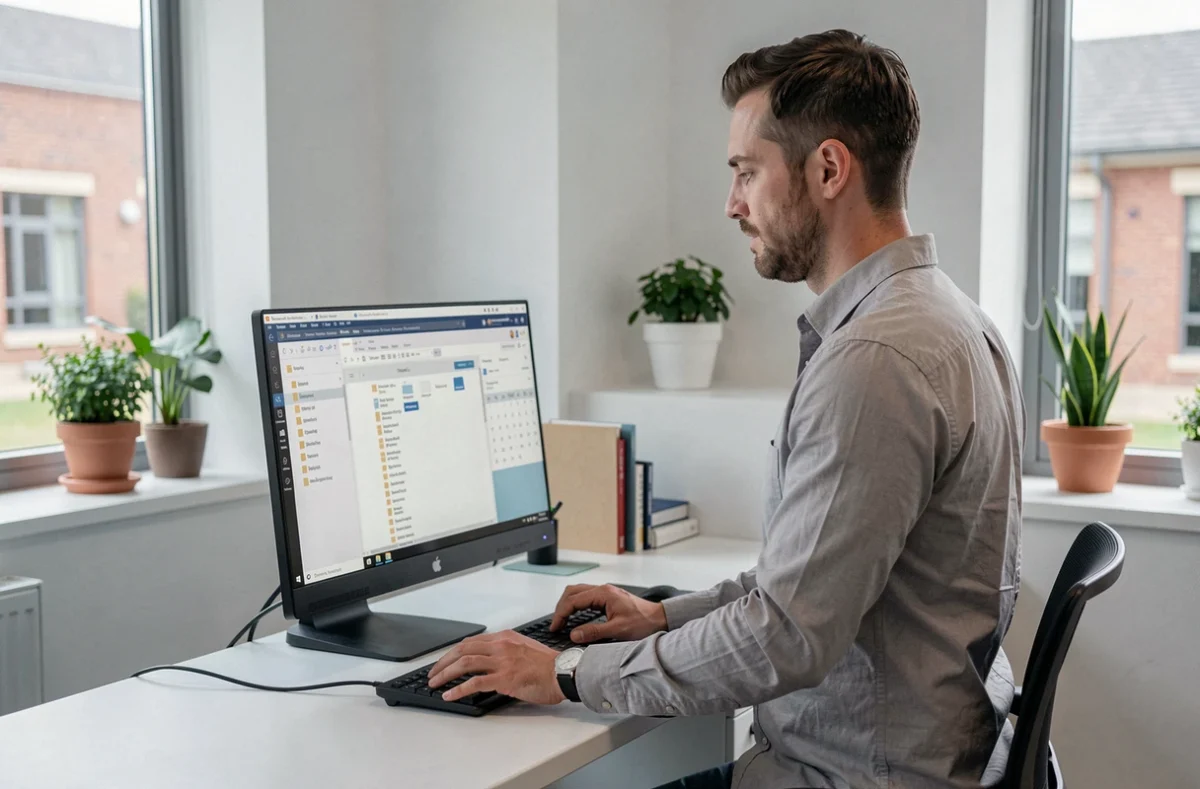 Employé administratif découvrant l'interface de messagerie Zimbra sur un ordinateur de bureau dans un bureau universitaire moderne