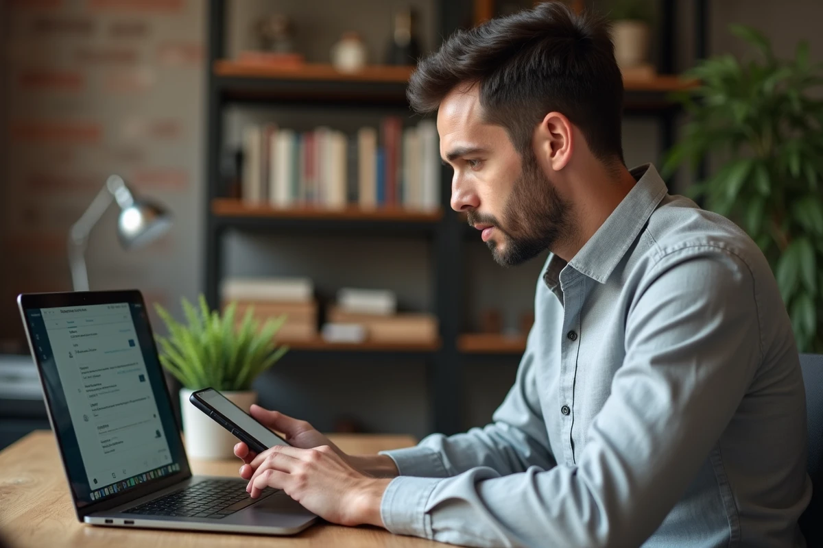 Entrepreneur utilisant ChatGPT et WhatsApp pour automatiser son business depuis son bureau à domicile