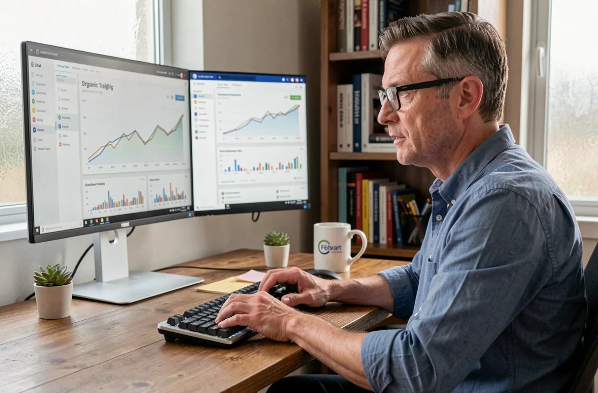 Entrepreneur en télétravail consultant un tableau de bord analytique montrant une hausse du trafic organique de son site web