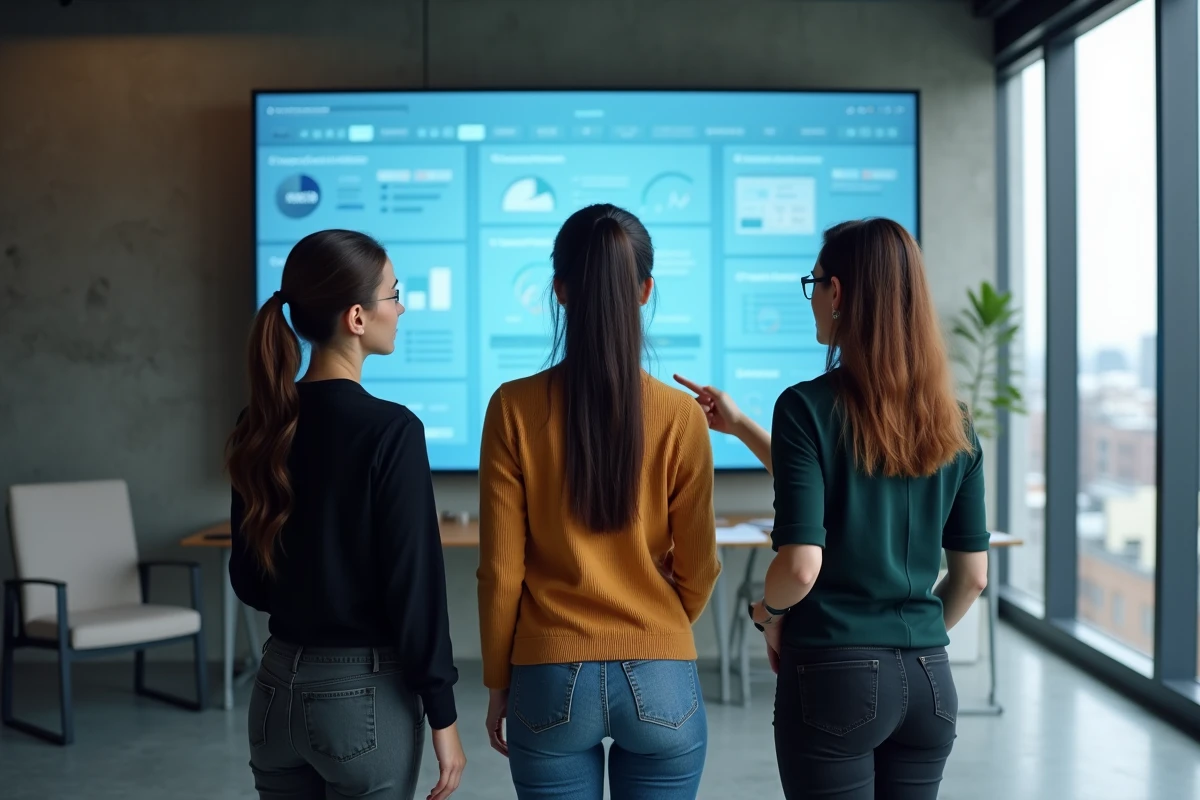Groupe de collègues discutant autour d un tableau interactif