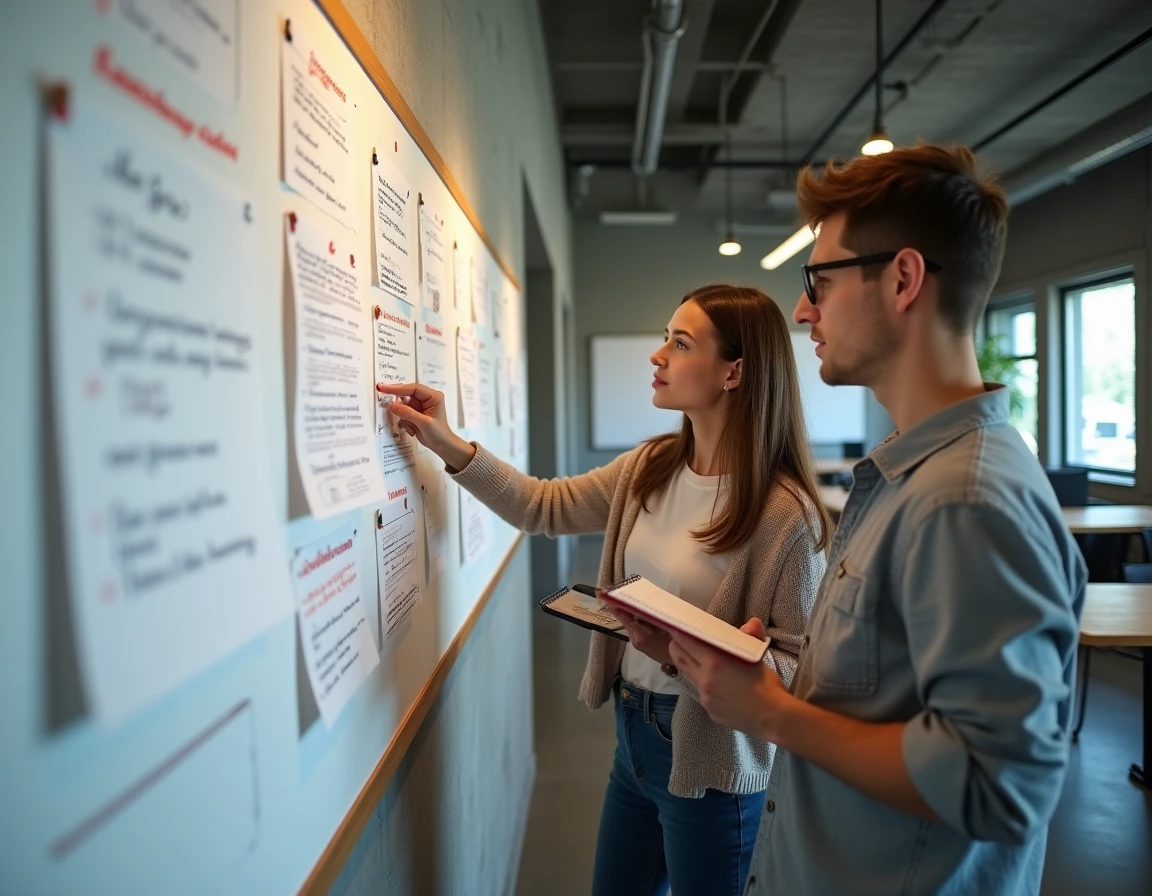 Deux développeurs de jeux indépendants étudiant la structure d'un GDD existant sur un tableau blanc dans un studio collaboratif