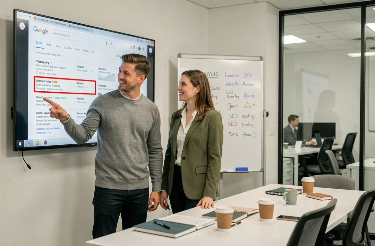 Deux collaborateurs d'une PME présentant une progression du classement Google sur un écran de salle de réunion
