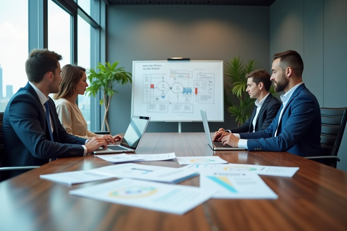 Équipe professionnelle en réunion discutant des bonnes pratiques de confidentialité des données et de conformité RGPD en entreprise