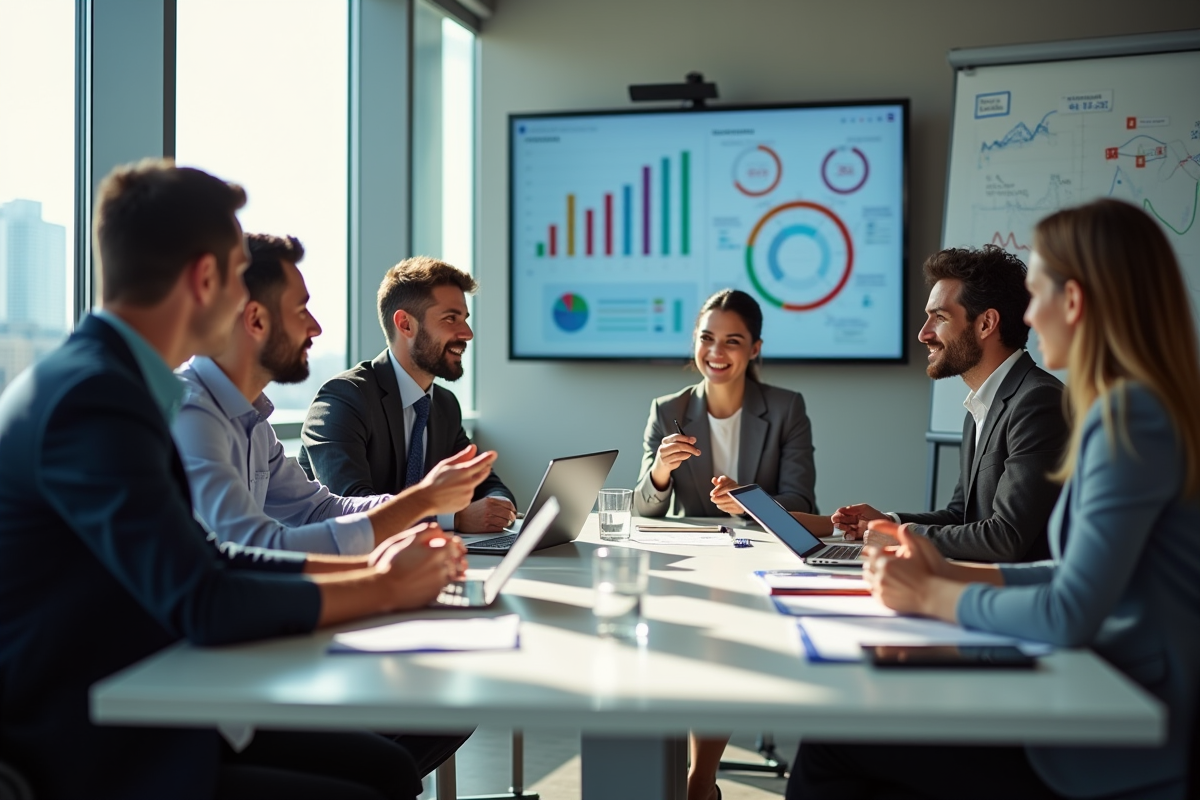 Groupe de jeunes professionnels en réunion dans un bureau lumineux