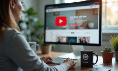 Espace de travail moderne avec écran YouTube et logo Google