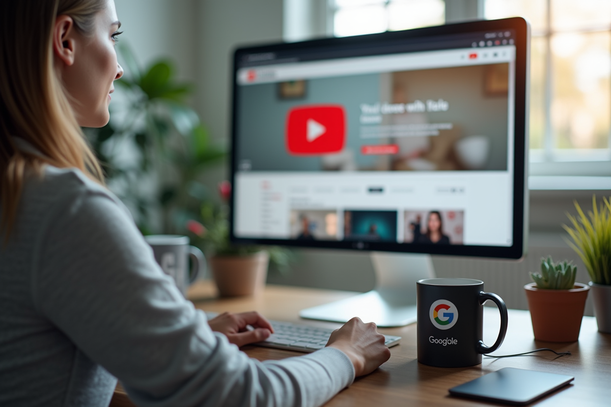Espace de travail moderne avec écran YouTube et logo Google