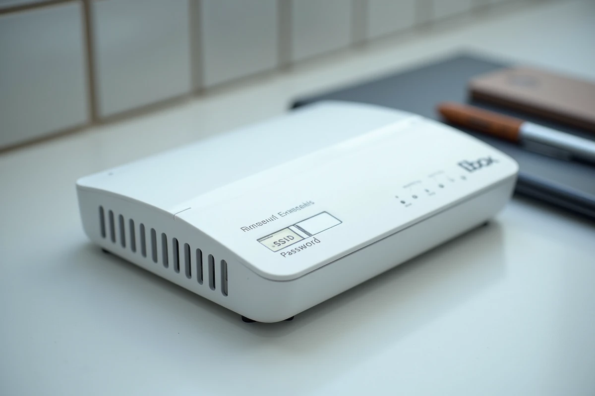 Étiquette sous la Bbox Bouygues Telecom affichant la clé de sécurité réseau WiFi et le nom du réseau