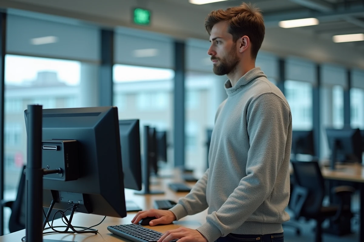Étudiant masculin accédant à l'espace numérique sécurisé CAS de Lyon 3 dans une salle informatique universitaire moderne