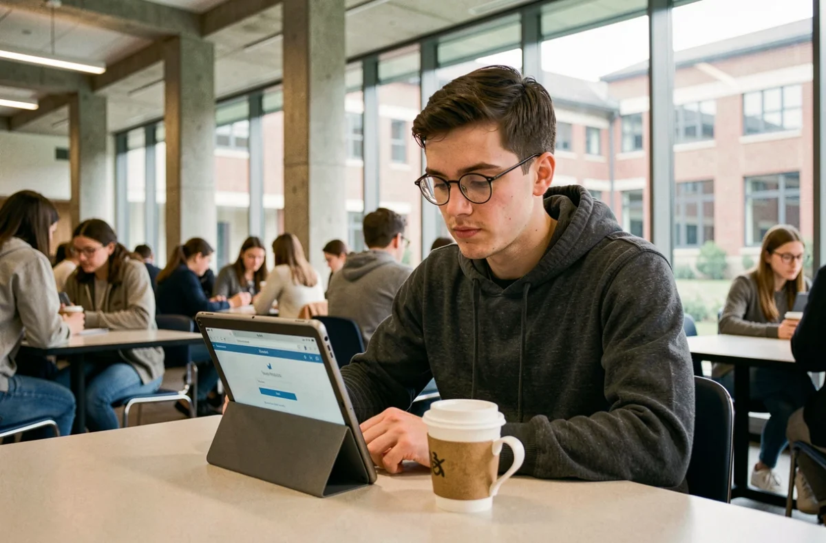 Étudiant consultant sa messagerie académique acdijon sur une tablette dans une cafétéria universitaire