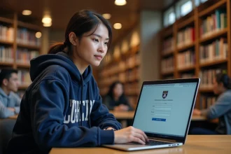 Étudiante connectée à l'intranet de l'université Lyon 3 depuis la bibliothèque universitaire sur son ordinateur portable