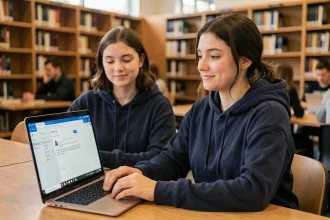 Jeune étudiante consultant sa messagerie Zimbra sur un ordinateur portable dans une bibliothèque universitaire